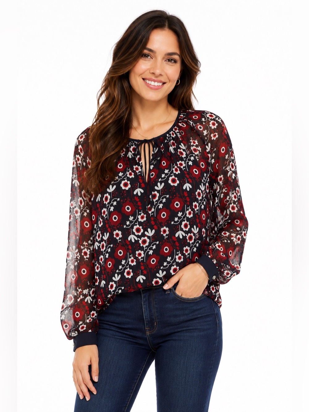 NWOT Tommy Hilfiger Floral Print Tie Neck Sheer Peasant Blouse Navy Red XXL